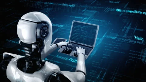 Futuristic robot artificial intelligence huminoid AI programming coding Stock Footage 219272448