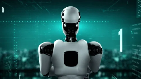 Futuristic robot artificial intelligence huminoid AI programming coding Stock Footage 219658708