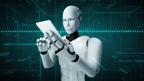 Futuristic robot artificial intelligence huminoid AI programming coding Stock Footage 219744236