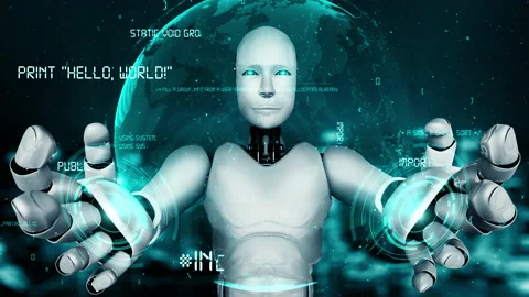 Futuristic robot artificial intelligence huminoid AI programming coding Stock Footage 220107142