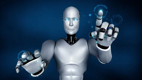 Futuristic robot artificial intelligence huminoid AI programming coding Stock Footage 220147615