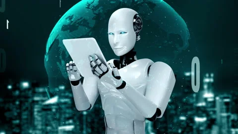Futuristic robot artificial intelligence huminoid AI programming coding Stock Footage 220147798