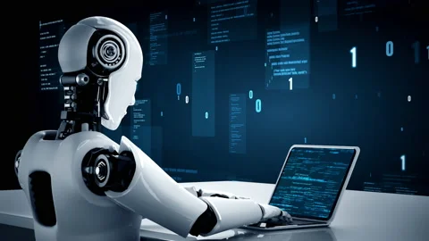 Futuristic robot artificial intelligence huminoid AI programming coding Stock Footage 220571222