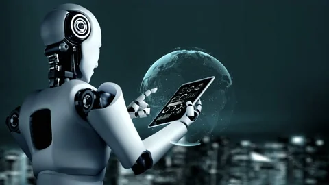 Futuristic robot artificial intelligence huminoid AI programming coding Stock Footage 220621712