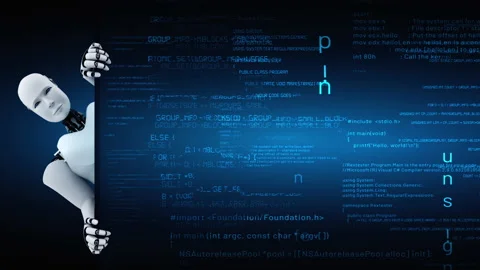 Futuristic robot artificial intelligence huminoid AI programming coding Stock Footage 220639420