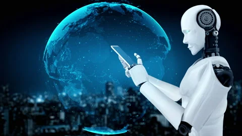 Futuristic robot artificial intelligence huminoid AI programming coding Stock Footage 220698021