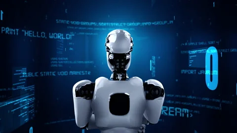 Futuristic robot artificial intelligence huminoid AI programming coding Stock Footage 221145761