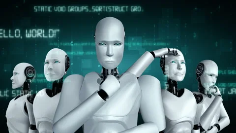 Futuristic robot artificial intelligence huminoid AI programming coding Stock Footage 221575530
