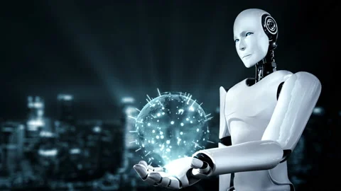 Futuristic robot artificial intelligence huminoid AI programming coding Stock Footage 221576231