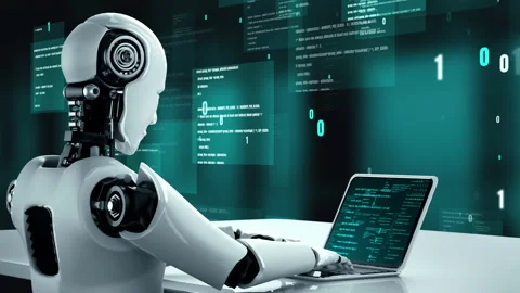 Futuristic robot artificial intelligence huminoid AI programming coding Stock Footage 221603081