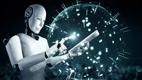 Futuristic robot artificial intelligence huminoid AI programming coding Stock Footage 221669559