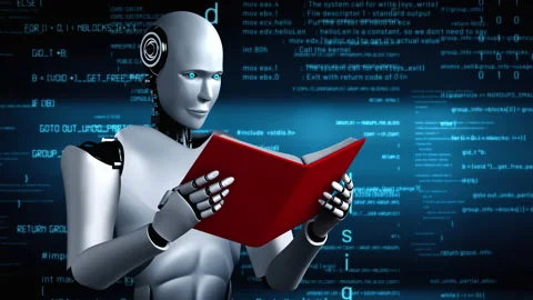 Futuristic robot artificial intelligence huminoid AI programming coding Stock Footage 222600585
