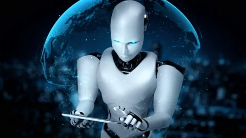 Futuristic robot artificial intelligence huminoid AI programming coding Stock Footage 223808179