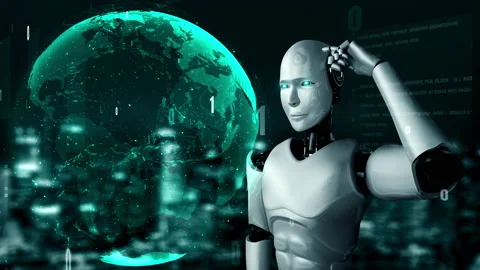 Futuristic robot artificial intelligence huminoid AI programming coding Stock Footage 223809792
