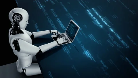 Futuristic robot artificial intelligence huminoid AI programming coding Stock Footage 224649018