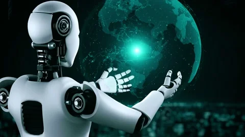 Futuristic robot artificial intelligence huminoid AI programming coding Stock Footage 225309422