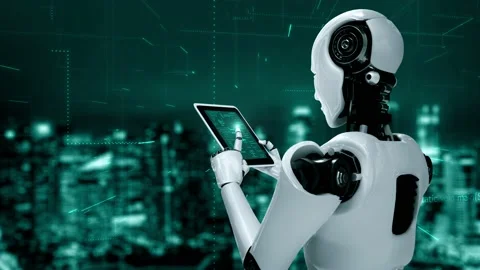 Futuristic robot artificial intelligence huminoid AI programming coding Stock Footage 229602226