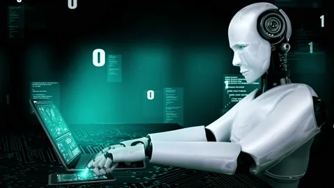 Futuristic robot artificial intelligence huminoid AI programming coding Stock Footage 229645809