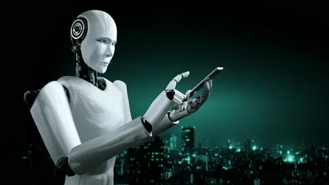 Futuristic robot artificial intelligence huminoid AI programming coding Stock Footage 229963531