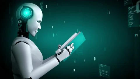 Futuristic robot artificial intelligence huminoid AI programming coding Stock Footage 230094601
