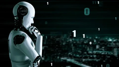 Futuristic robot artificial intelligence huminoid AI programming coding Stock Footage 230094703