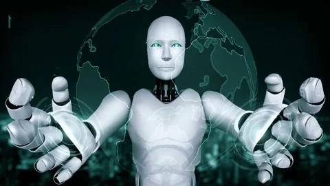 Futuristic robot artificial intelligence huminoid AI programming coding Stock Footage 230947795