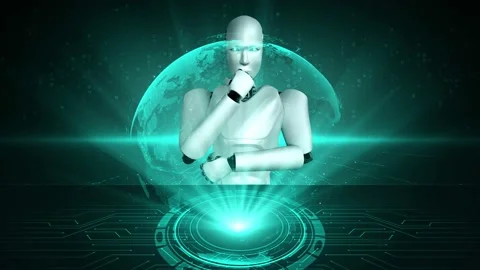 Futuristic robot artificial intelligence huminoid AI programming coding Stock Footage 231052341