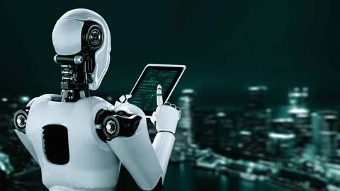 Futuristic robot artificial intelligence huminoid AI programming coding Stock Footage 231541761