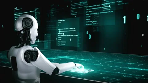 Futuristic robot artificial intelligence huminoid AI programming coding Stock Footage 231568704