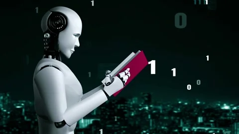 Futuristic robot artificial intelligence huminoid AI programming coding Stock Footage 231623207