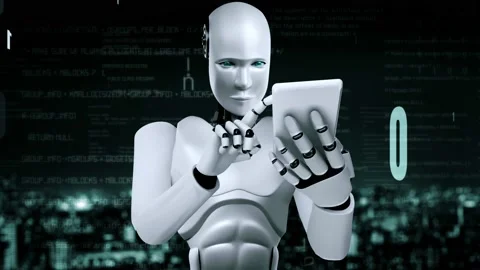 Futuristic robot artificial intelligence huminoid AI programming coding Stock Footage 231623273