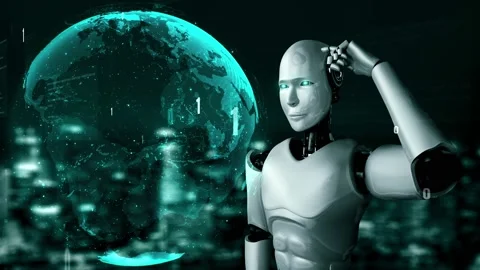Futuristic robot artificial intelligence huminoid AI programming coding Stock Footage 232328813