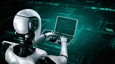 Futuristic robot artificial intelligence huminoid AI programming coding Stock Footage 232903039