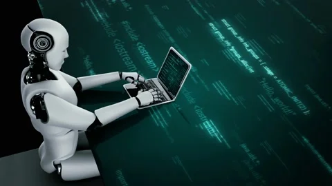 Futuristic robot artificial intelligence huminoid AI programming coding Stock Footage 233315505