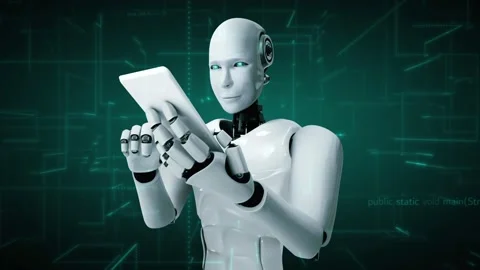 Futuristic robot artificial intelligence huminoid AI programming coding Stock Footage 233522621