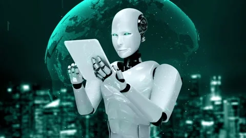 Futuristic robot artificial intelligence huminoid AI programming coding Stock Footage 234071891
