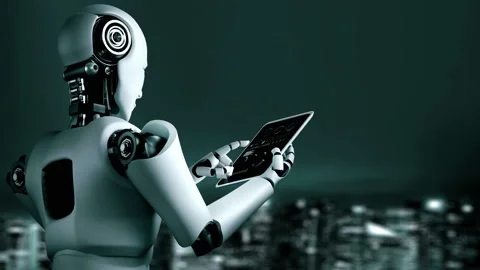 Futuristic robot artificial intelligence huminoid AI programming coding Stock Footage 234734703