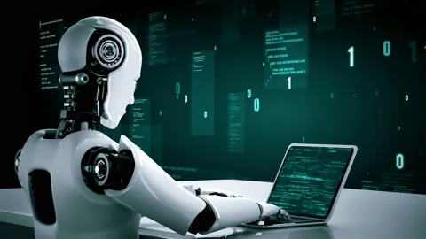 Futuristic robot artificial intelligence huminoid AI programming coding Stock Footage 234774029