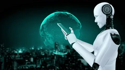 Futuristic robot artificial intelligence huminoid AI programming coding Stock Footage 234775044