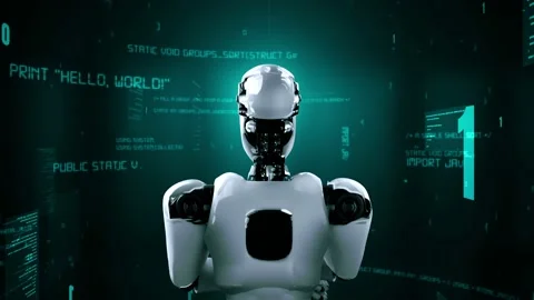 Futuristic robot artificial intelligence huminoid AI programming coding Stock Footage 235574059