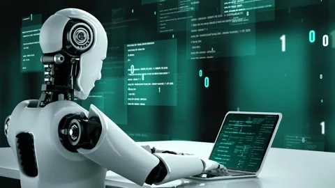 Futuristic robot artificial intelligence huminoid AI programming coding Stock Footage 236155976