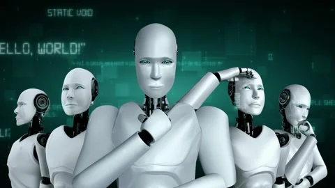 Futuristic robot artificial intelligence huminoid AI programming coding Stock Footage 236245527