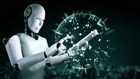 Futuristic robot artificial intelligence huminoid AI programming coding Stock Footage 236245650
