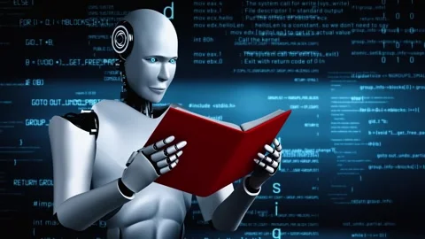 Futuristic robot artificial intelligence huminoid AI programming coding Stock Footage 293805528