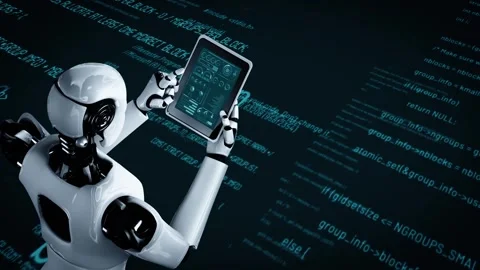 Futuristic robot artificial intelligence huminoid AI programming coding Stock Footage 294279176
