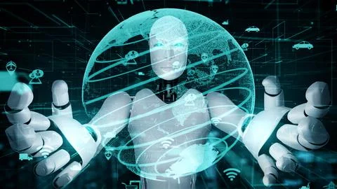 Futuristic robot artificial intelligence huminoid AI transportation analytic Stock Illustration