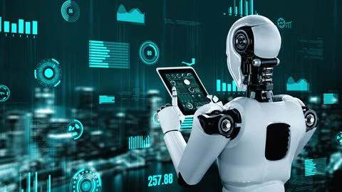 Futuristic robot artificial intelligence huminoid AI for industrial factory Illustrazione stock