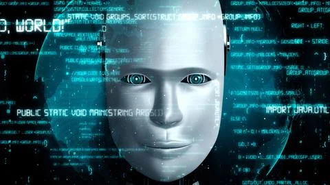 Futuristic robot artificial intelligence huminoid AI programming coding Stock Illustration