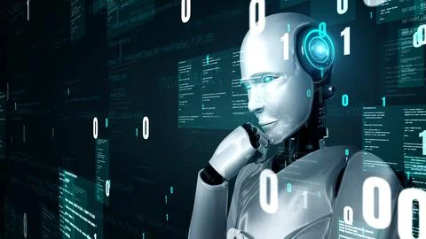 Futuristic robot artificial intelligence huminoid AI programming coding Illustrazione stock