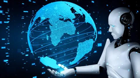 Futuristic robot artificial intelligence huminoid AI data analytic technology Stock Illustration